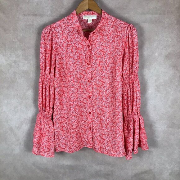 MICHAEL KORS Printed Smocked Bell Sleeve Top, Sea Coral NEW MEDIUM - Picture 8 of 10